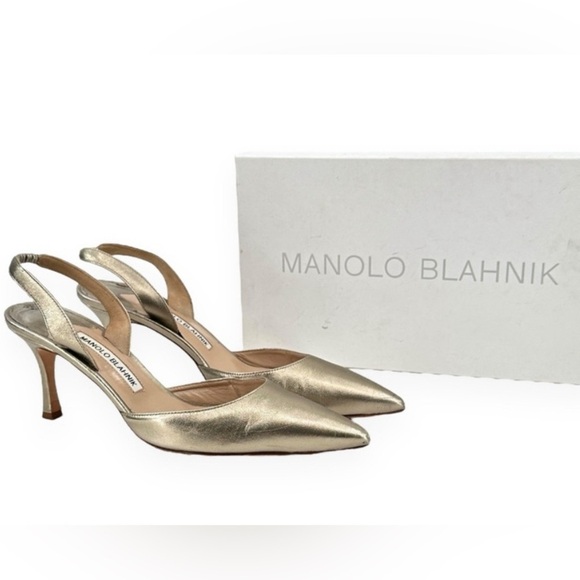 Manolo Blahnik Carolyne 70 Nappa Leather Slingback Pumps - Gold Size 39 / US 9 - Picture 11 of 11